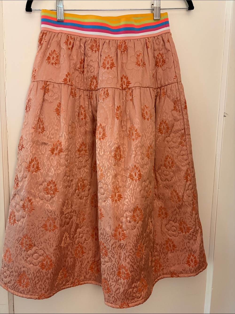 Kimchi Blue Peach Floral Midi Skirt with Rainbow-Striped Waistband
